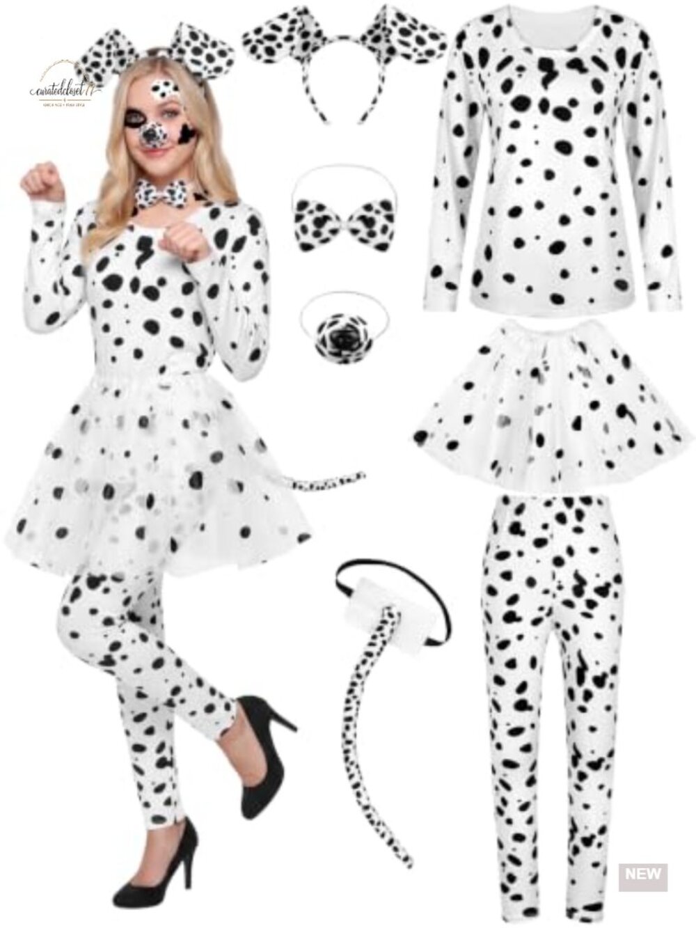8 Pc Halloween Dalmatian Dog Costume Set Long Sleeve Tee Pants Tutu Cosplay